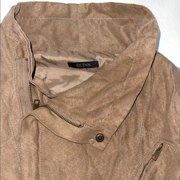 QUINN camel brown tan asymmetrical faux suede zip up jacket long sleeve medium - Picture 7 of 11